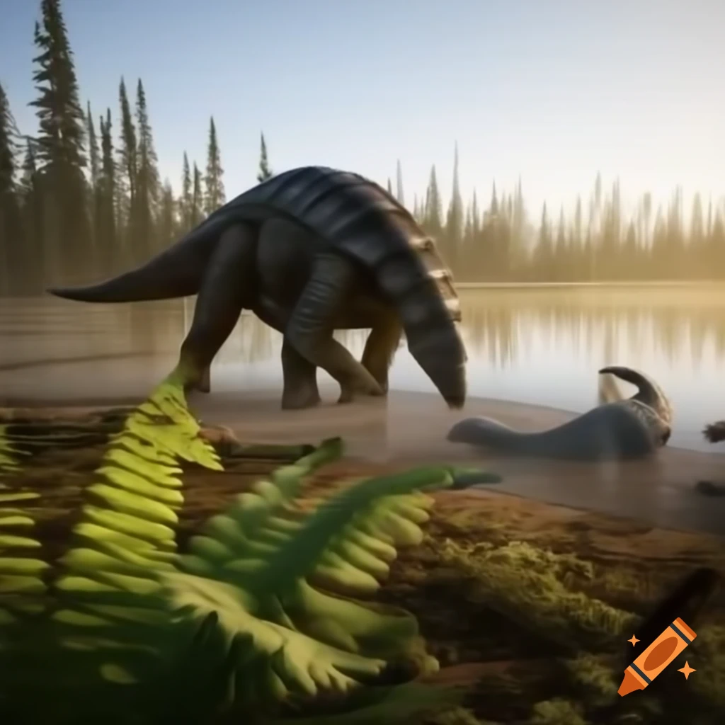 Ankylosaurus and Diplodocus by lake with ferns and fallen trees during golden hour