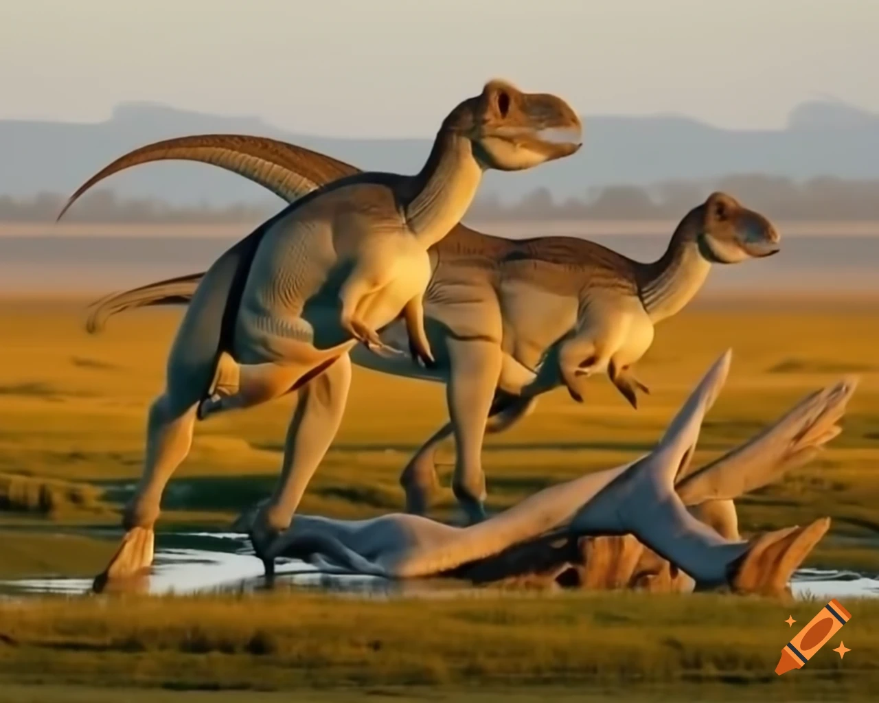 Herd of Hadrosaurus in sunny marshland with driftwood in British Columbia