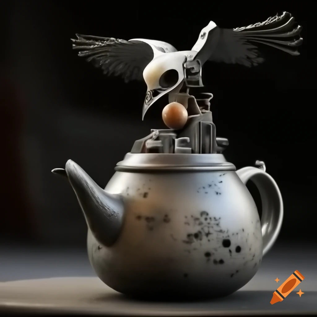 Flying teapot with bird skull, created by an artificer