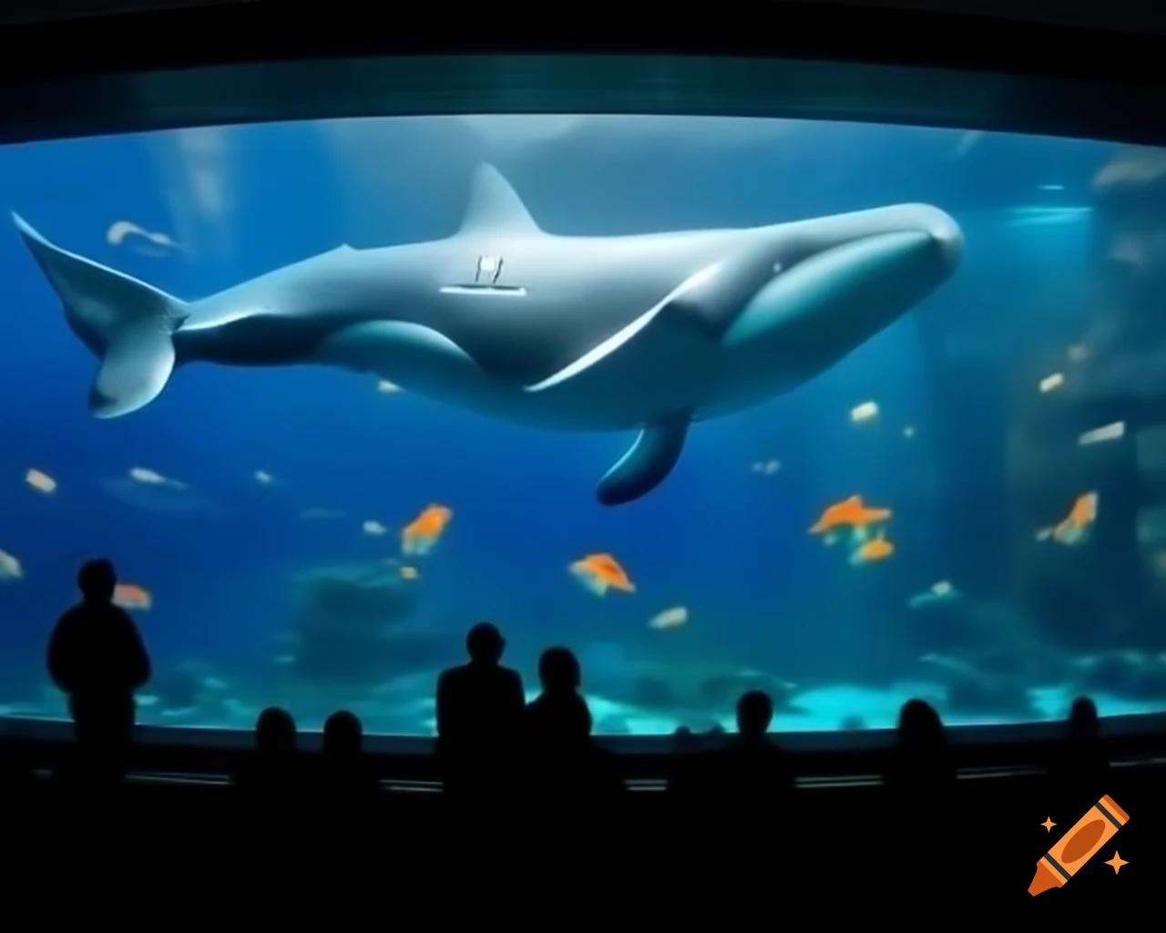 Large aquarium featuring whales and goldfish with people observing