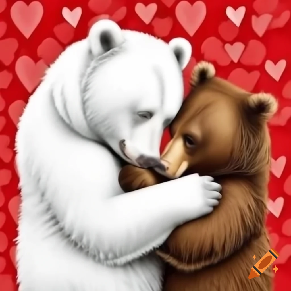 White bear kissing brown bear with red hearts in crayon style