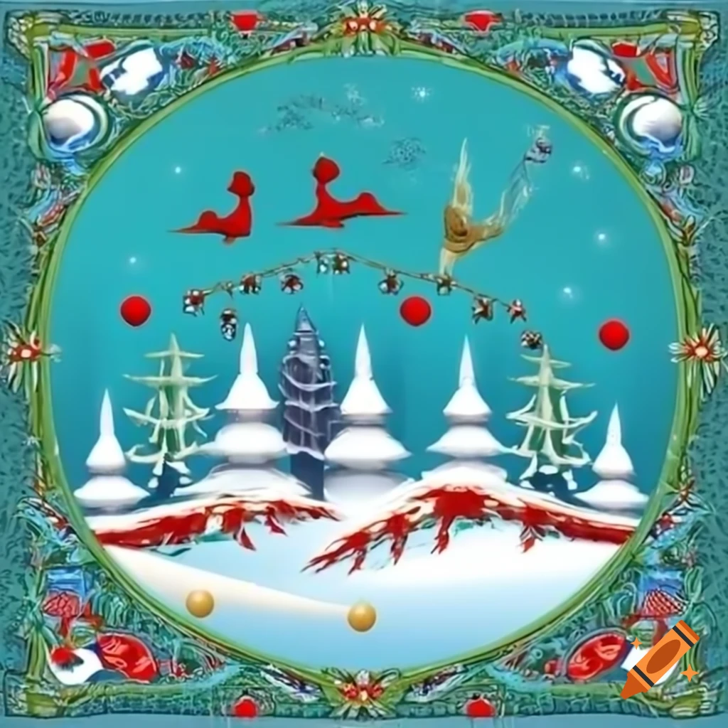 Panorama illustration of Christmas forest scene blending Salish and Russian fairytale motifs