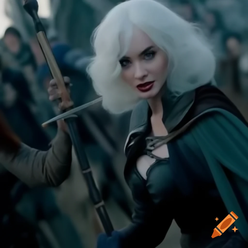 Wide shot of a warrior cosplay by Christina Hendricks with short white hair