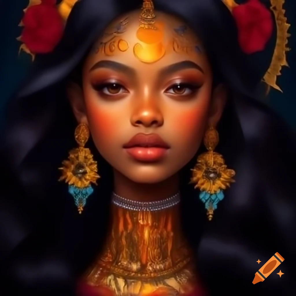 High fashion portrait of exotic young female in Sun King style, facing camera