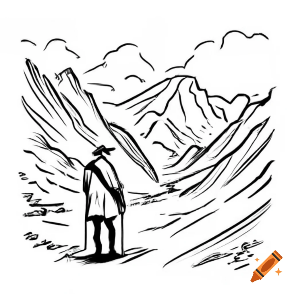 Pilgrim walking towards mountains on craiyon