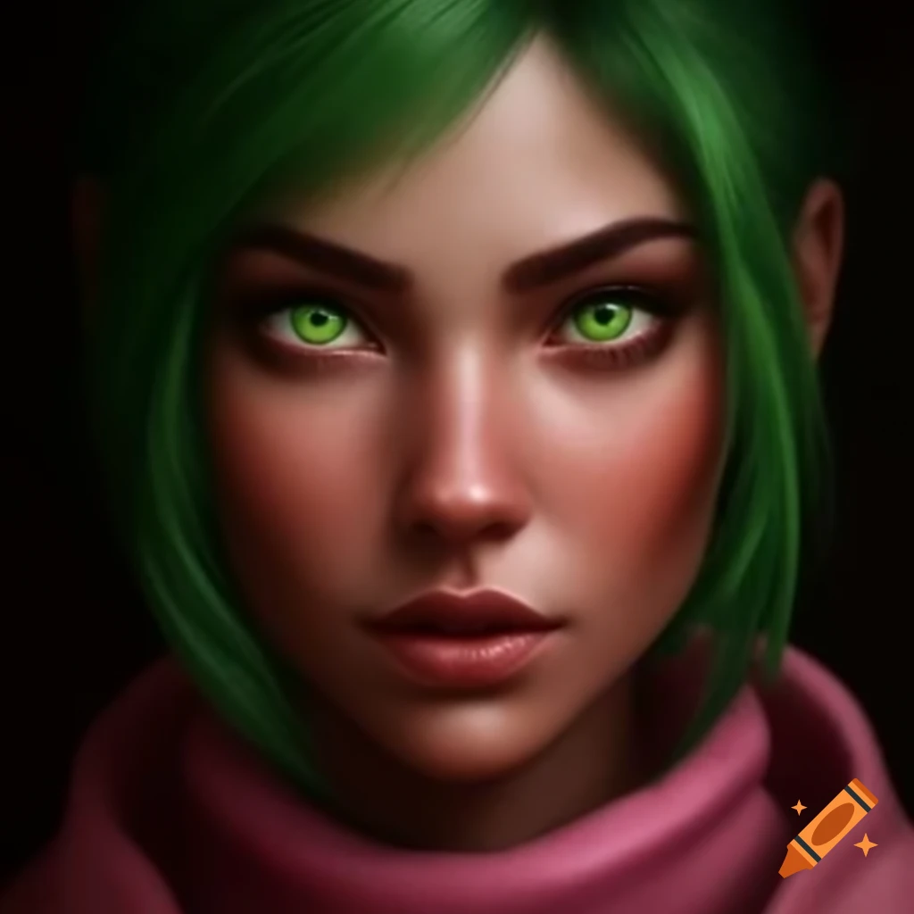 Hyper-realistic photograph of a woman with green hair and eyes in pink clothing