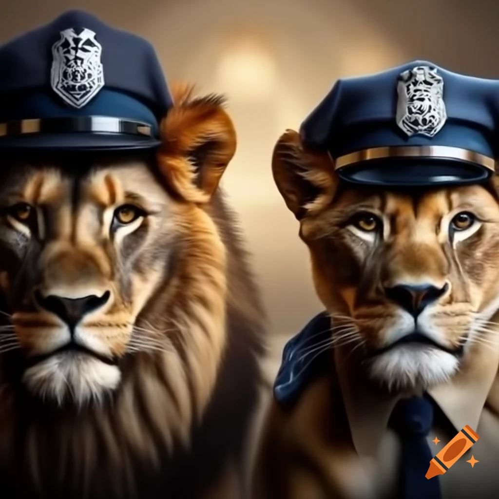 Lion and lioness in police hats gazing at each other, humorous scene