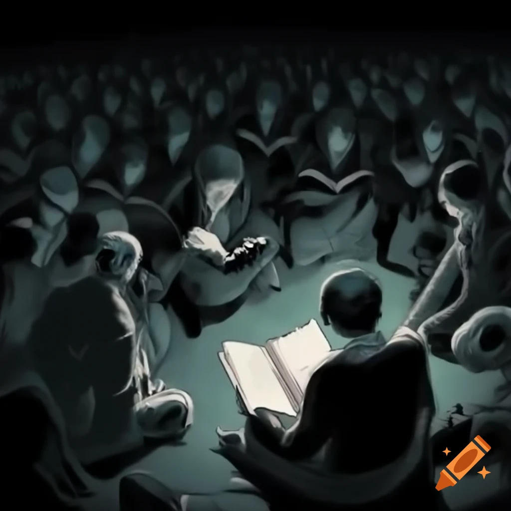 Manga depicting a crowd reading in a large abyss