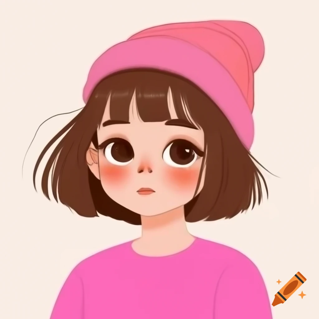 Girl with pink beanie and shirt, brown hair and eyes, digital art