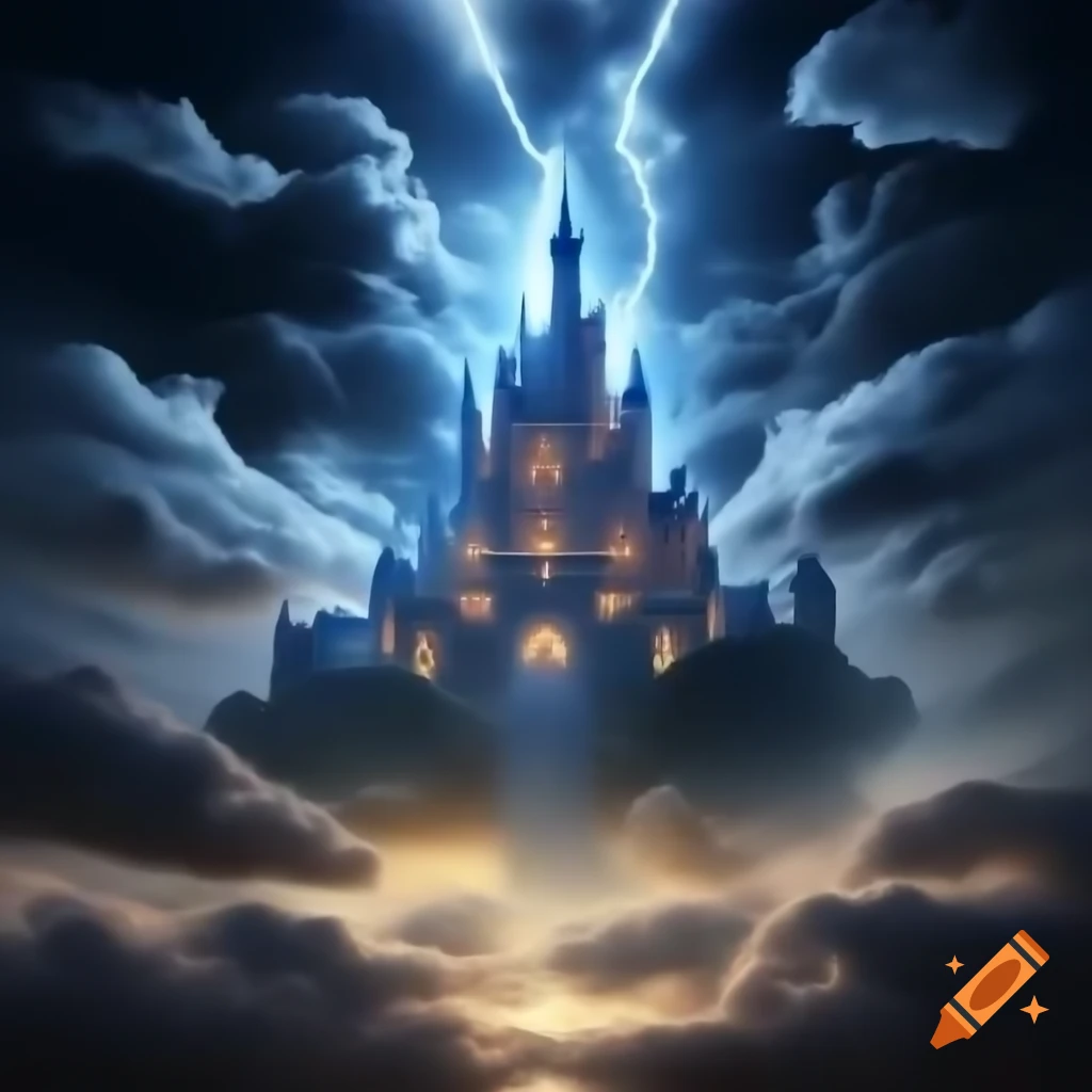 Ethereal white castle floating in night sky with lightning and whirlwinds
