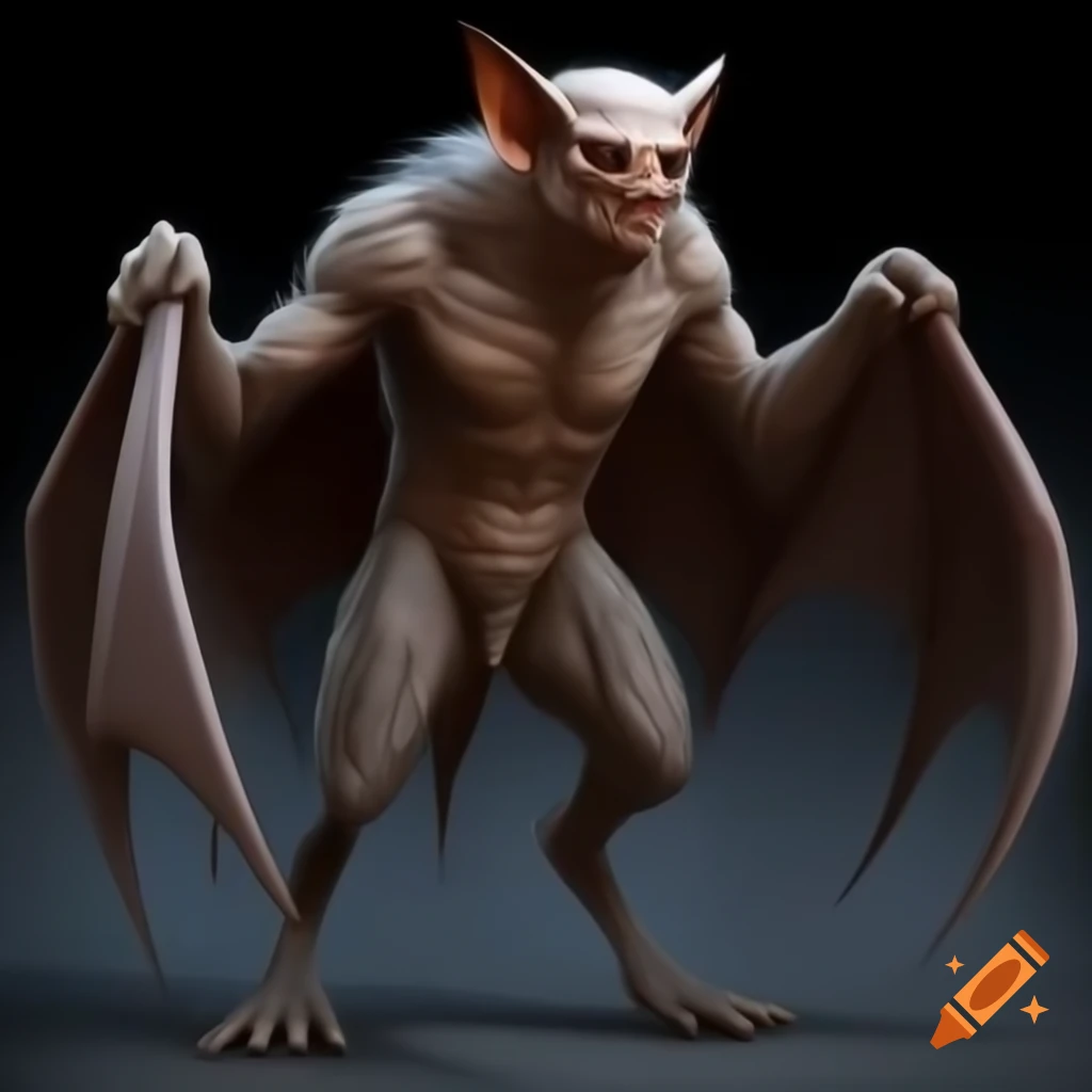 Muscular humanoid bat creature with digitigrade legs and tail