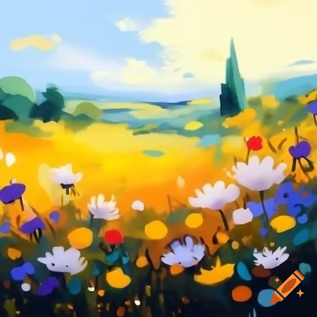 Abstract landscape featuring wildflowers in oil paint