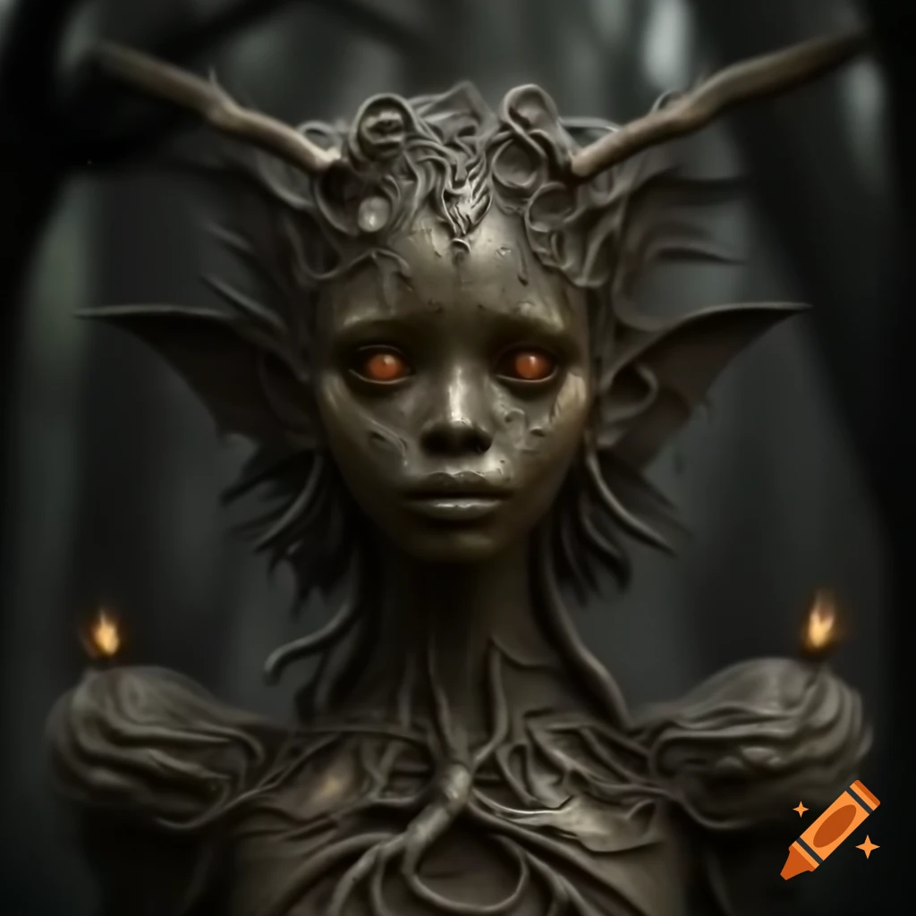 Gothic fairy tale sculpture featuring a beautiful fairy with bat-like wings in a dark enchanted forest