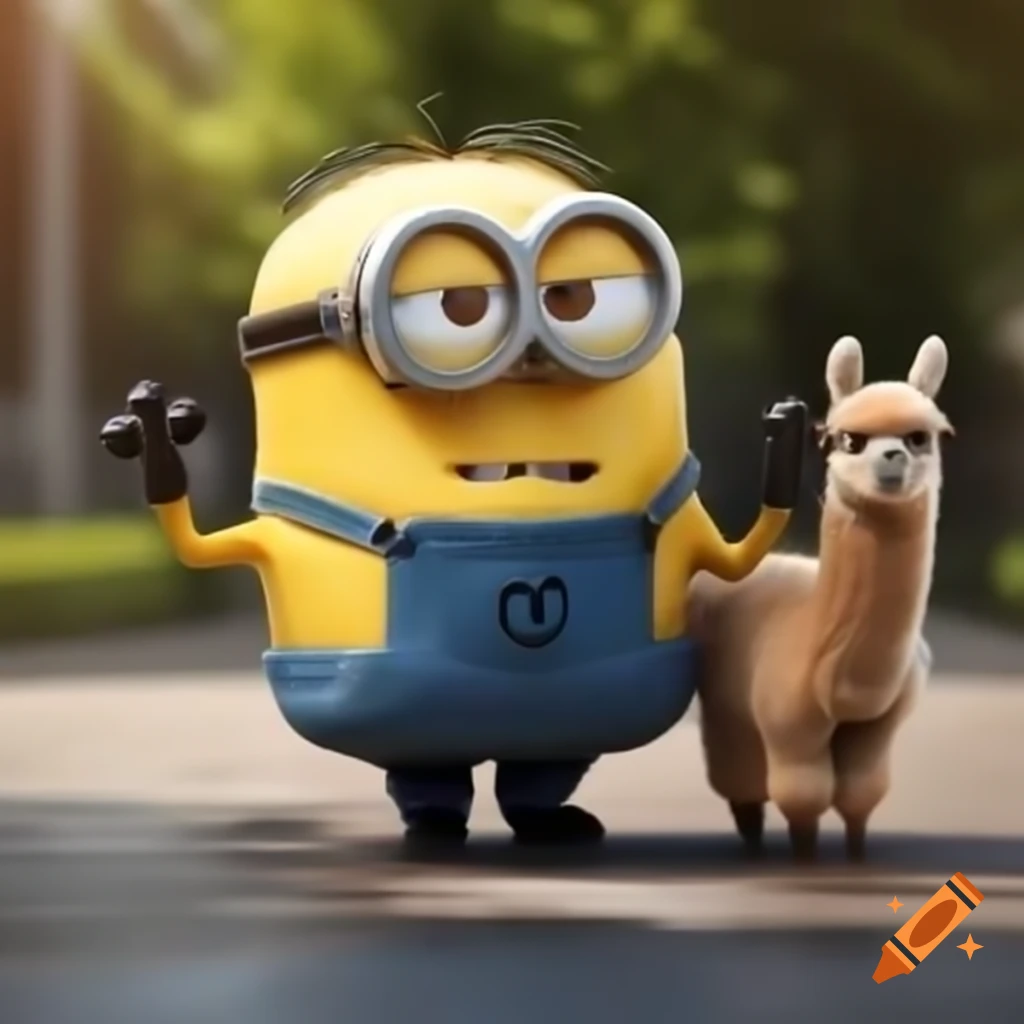 Minion walking with a llama in a playful scene