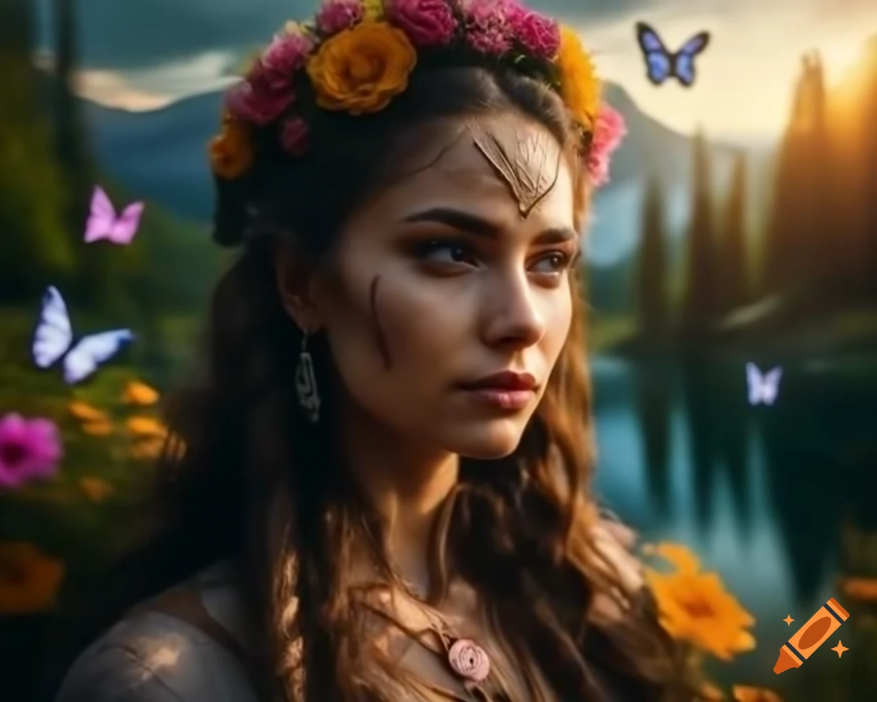 Hyperrealistic close-up of Slavic woman with flowers and butterflies in her hair
