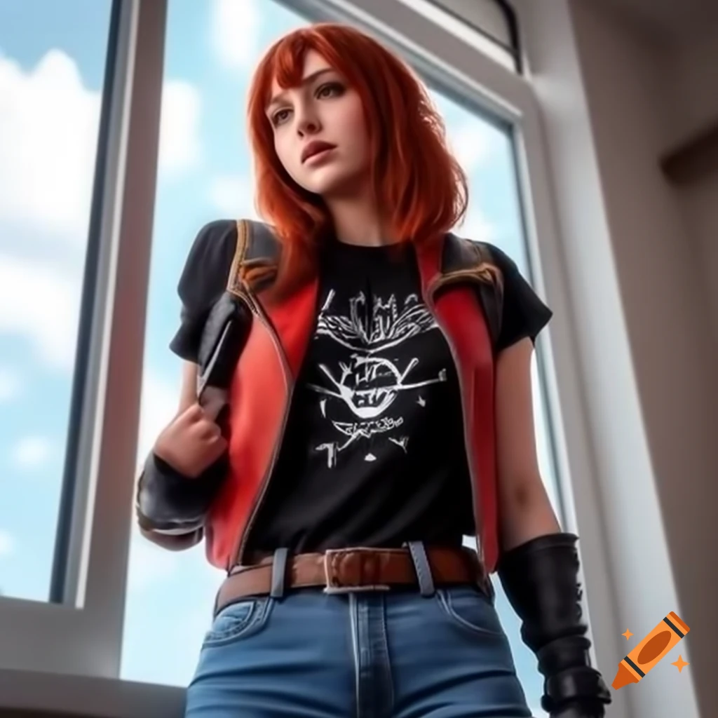 Female cosplayer with reddish-brown hair in red leather vest and pistol