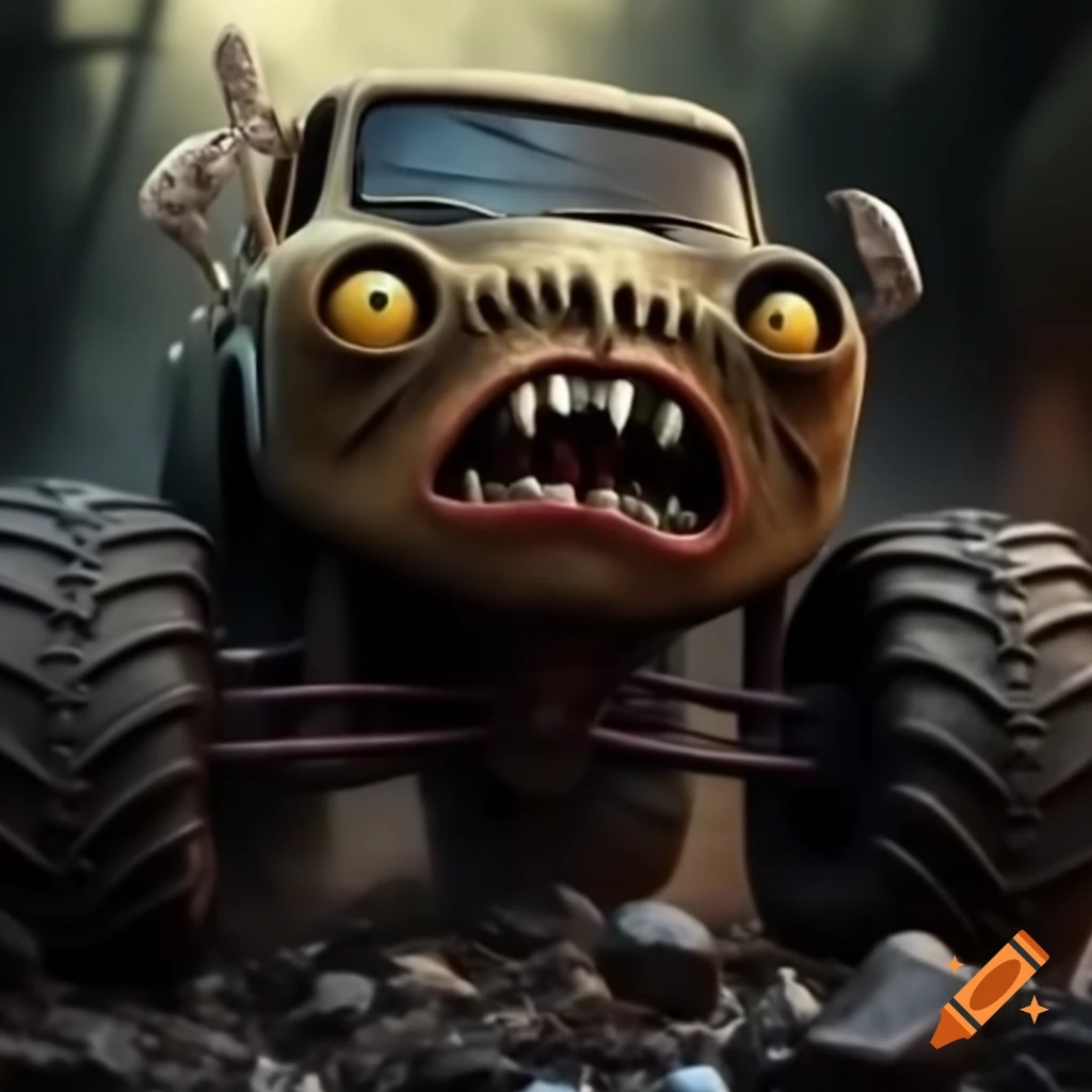 Creepy monster truck design featuring eyes and mouth