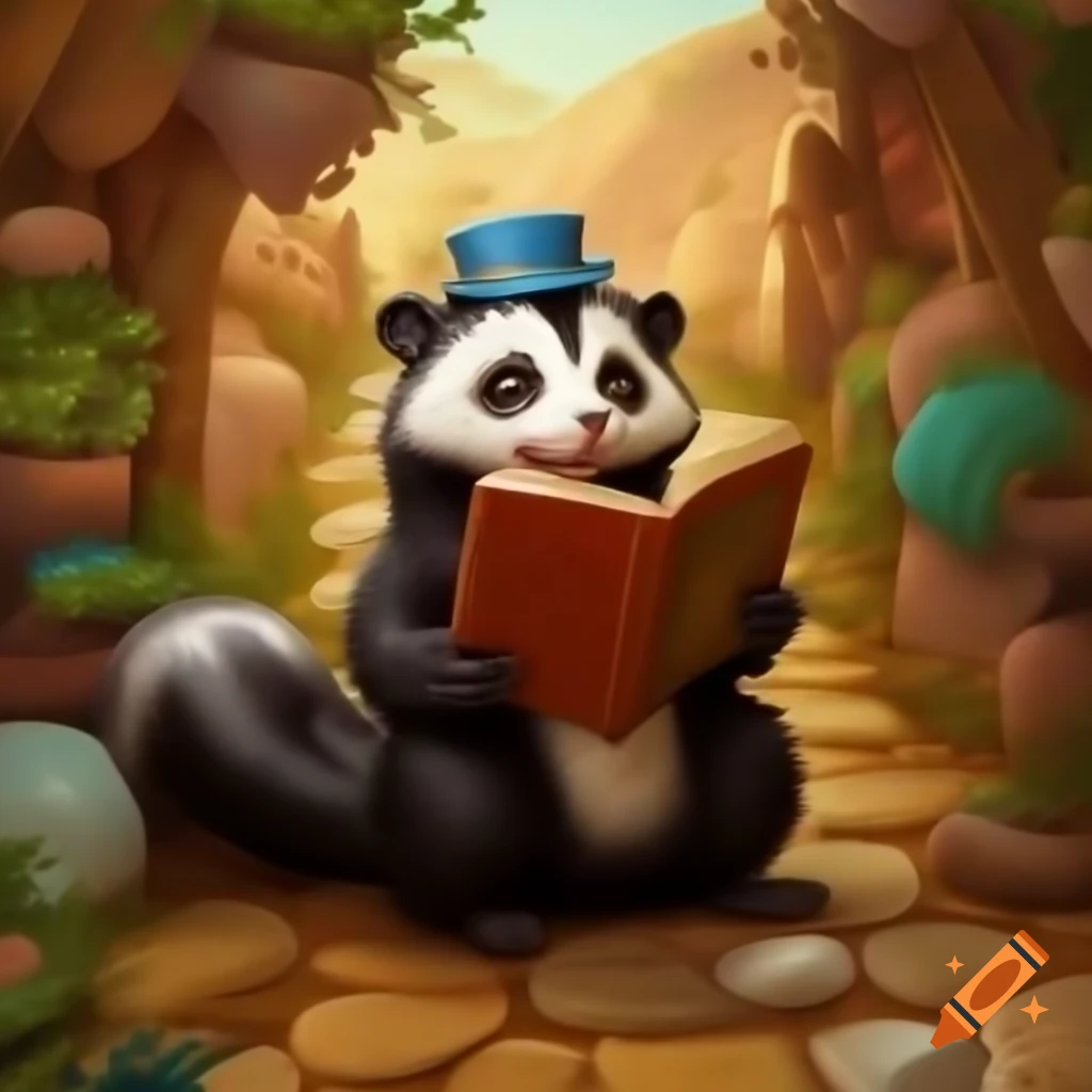 Anthropomorphic skunk reading in picturesque oasis path, steampunk style