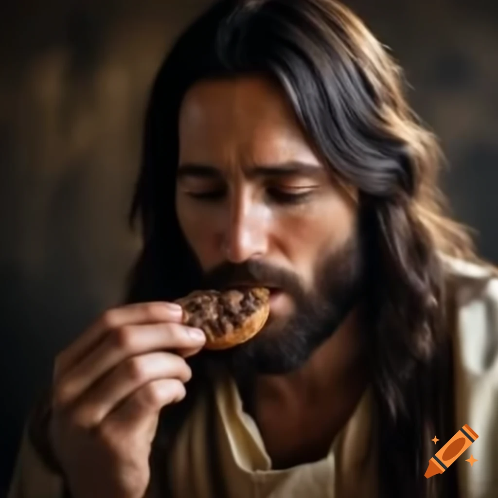 Jesus enjoying chocolate chip cookies in a casual setting on craiyon