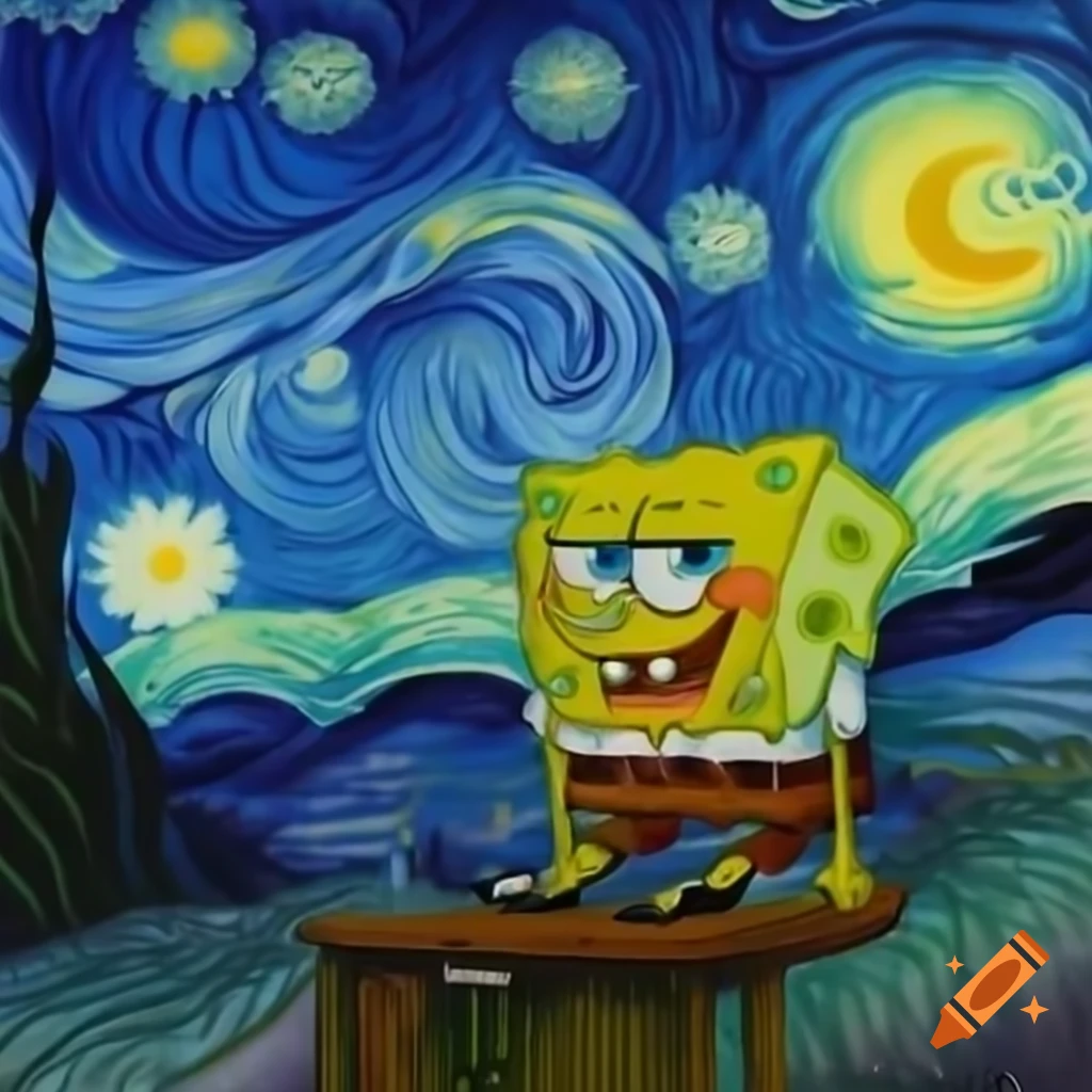 SpongeBob SquarePants integrated into Van Gogh's Starry Night