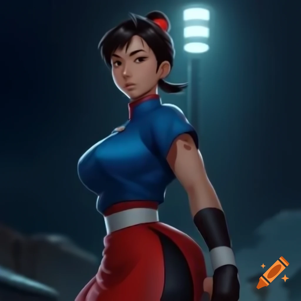 Anime portrayal of Chun-li from Street Fighter in front of floodlight