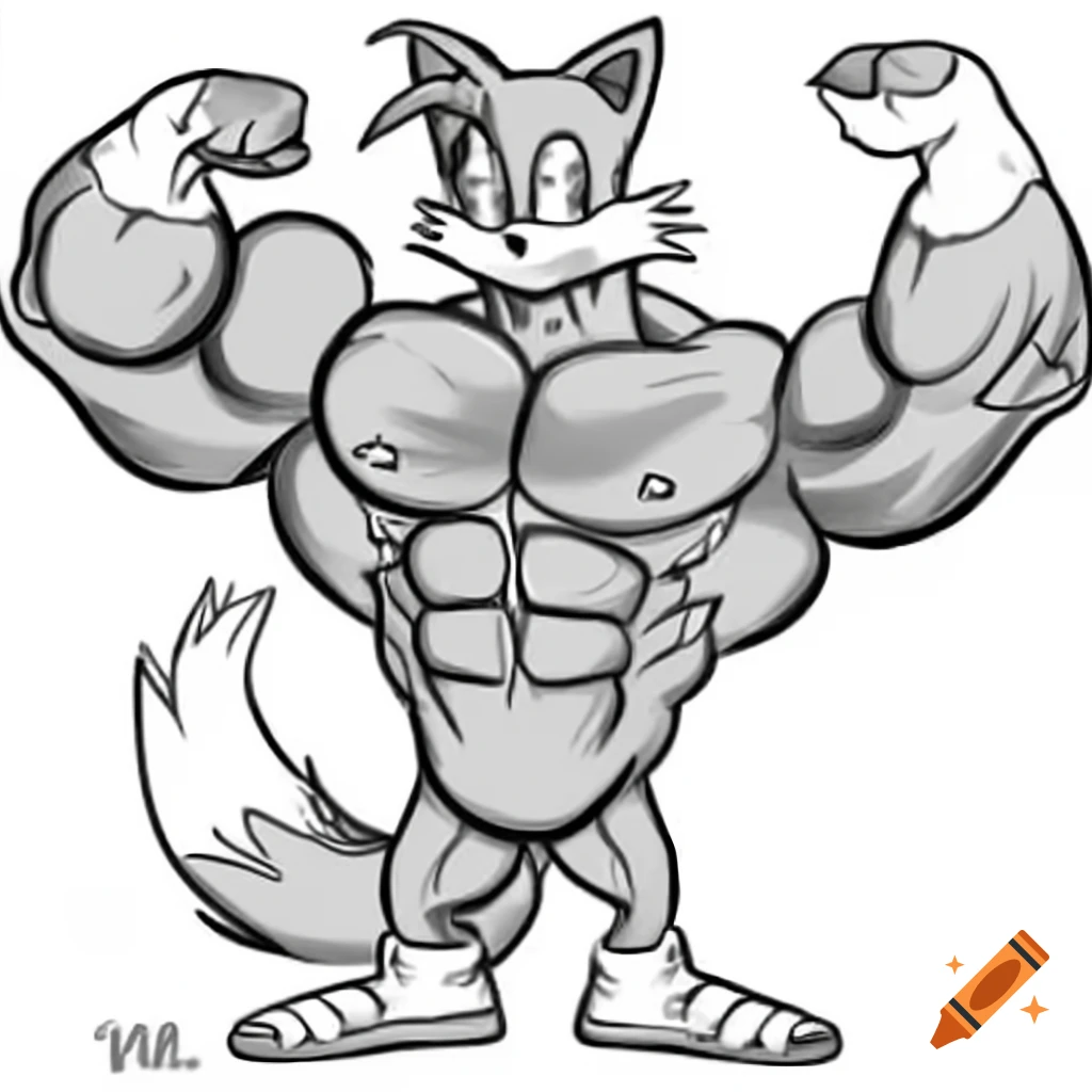Furry art of Miles 'Tails' Prower flexing exaggerated bodybuilder muscles in full-length portrait