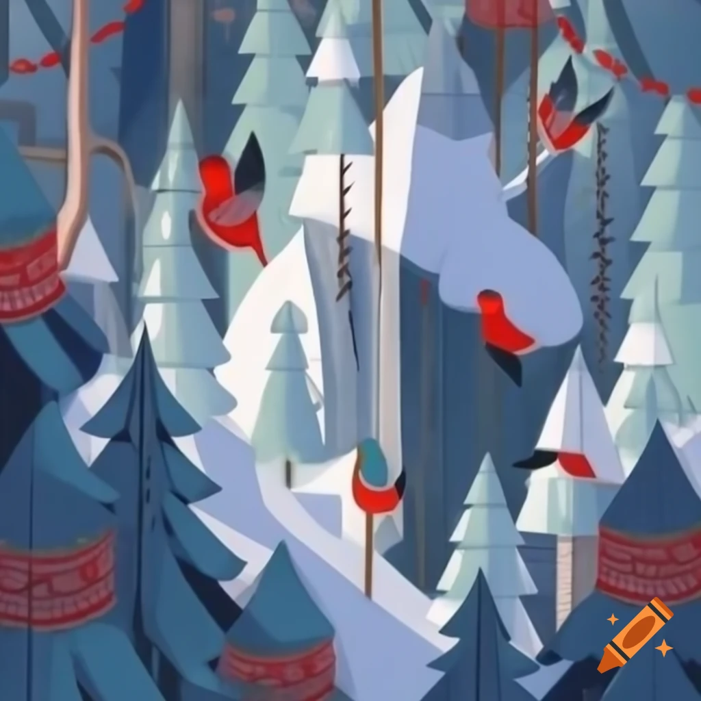 Panorama illustration of Christmas forest scene with Salish and Russian fairytale motifs