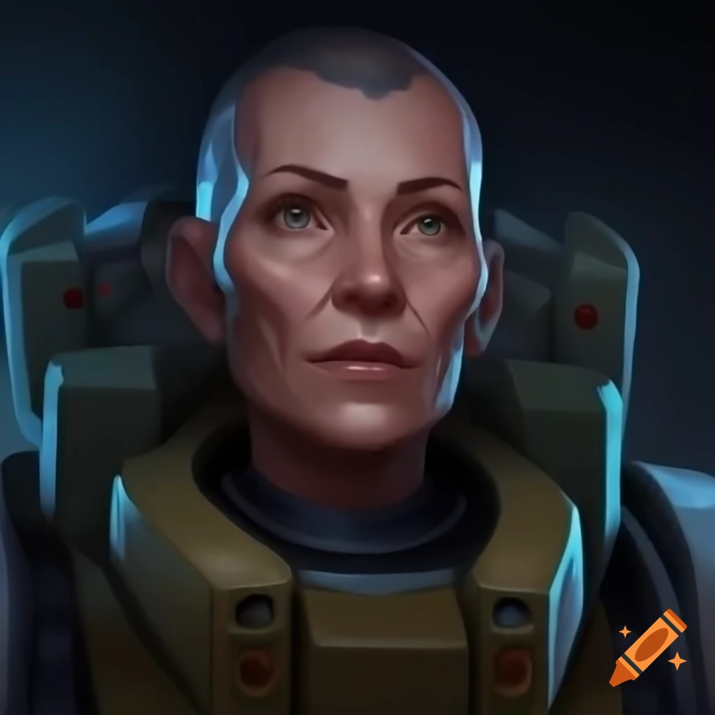 Middle-aged female sci-fi pilot with a grizzled appearance in battletech setting