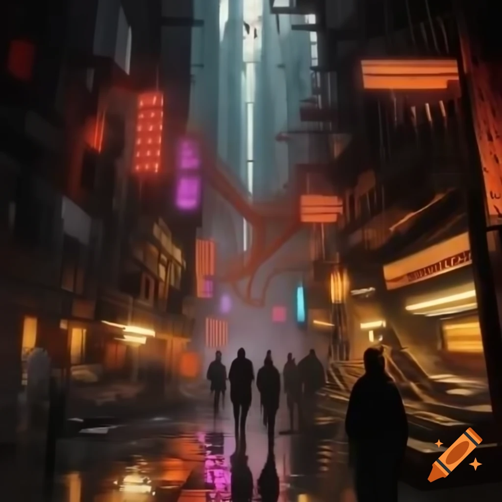 Mixed media piece blending gothic architecture with cyberpunk elements in urban alley