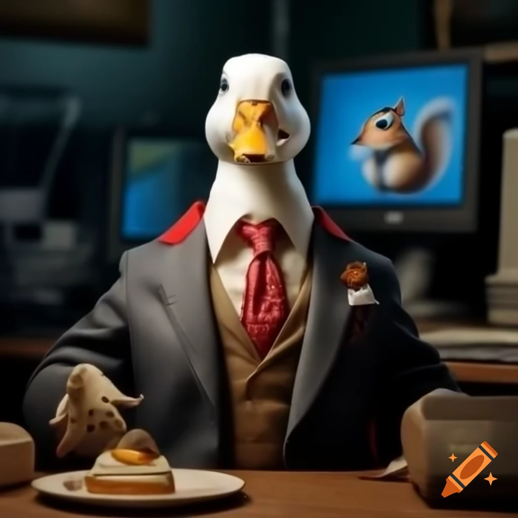 Lifelike duck in a suit surrounded by squirrels, computers, and cake