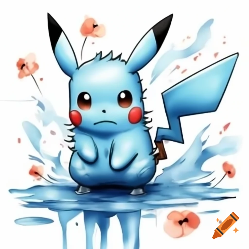 Pikachu-inspired blue water Pokémon artwork in watercolor with poppy colors