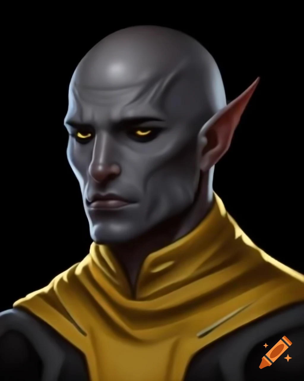 Sci-fi fantasy emperor with grey skin and golden-white outfit