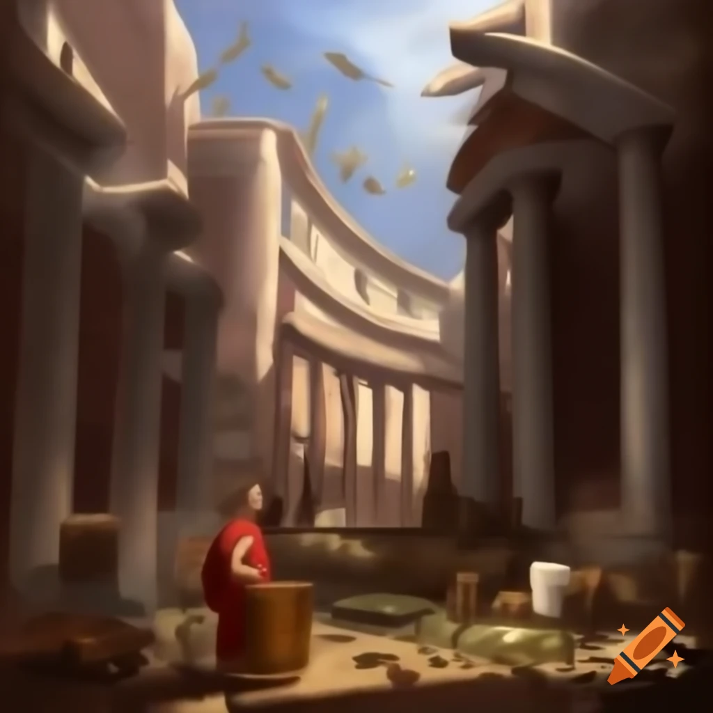Starving child wandering Roman city under siege in Renaissance style painting