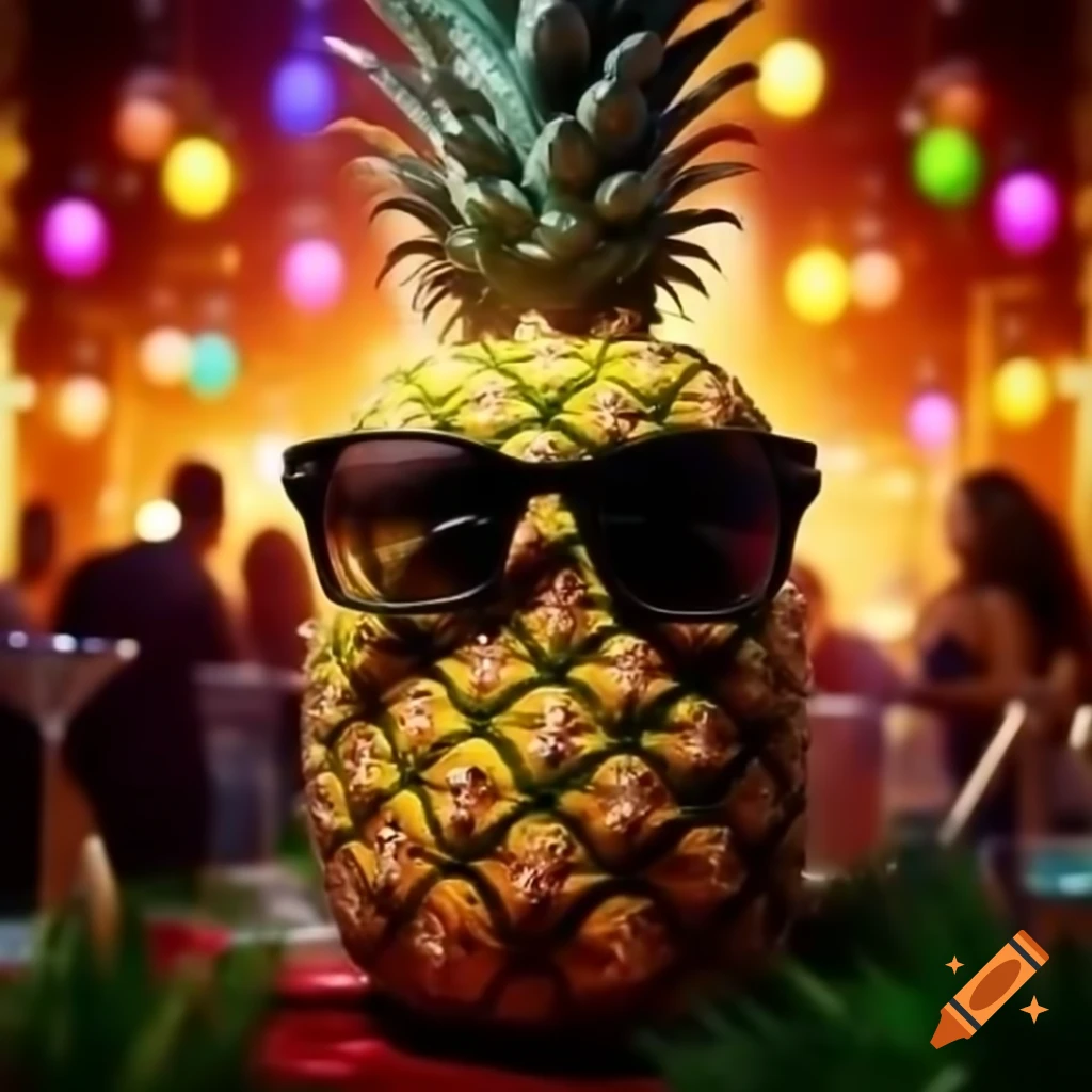 Pineapple wearing sunglasses at a festive party