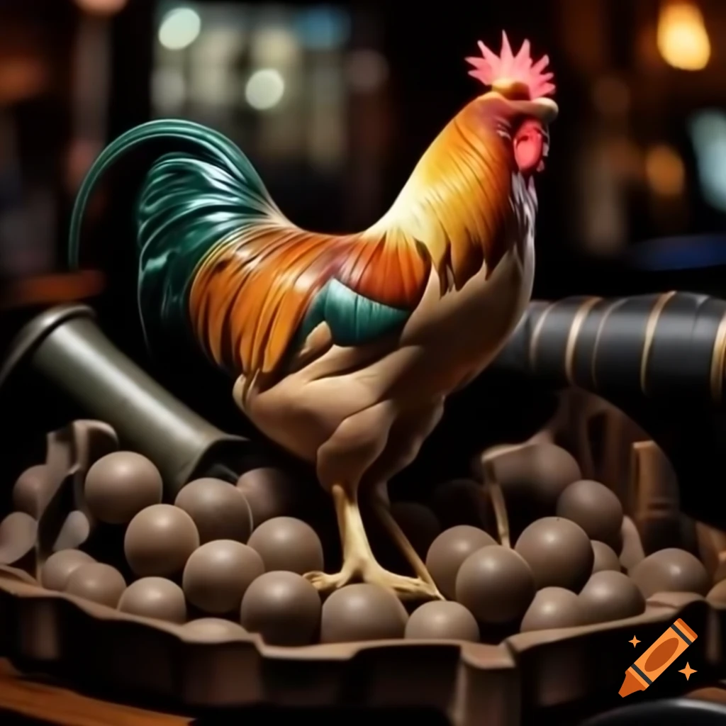 Cockerel standing on cannonballs in pub board style