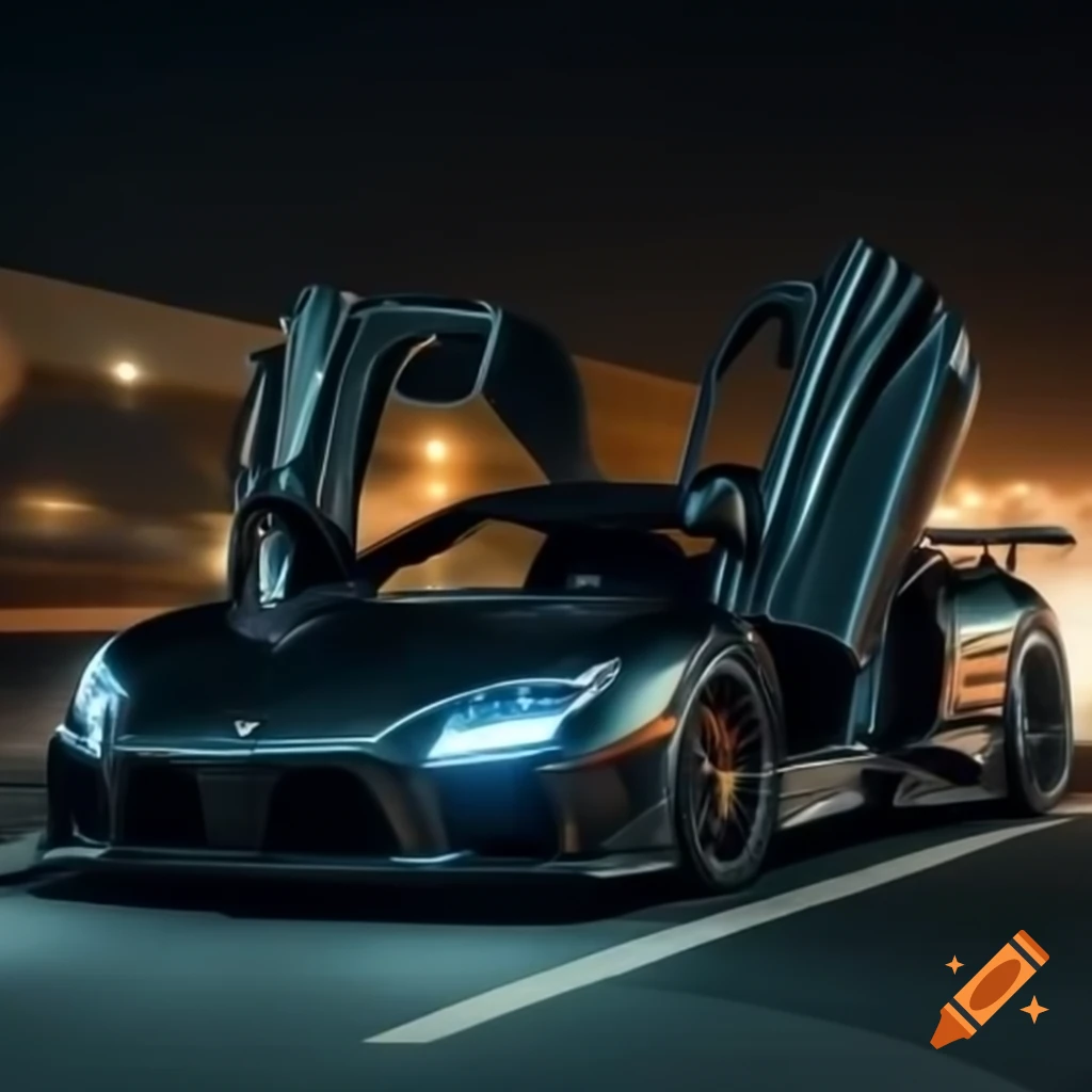 Sports car with lifted doors at night
