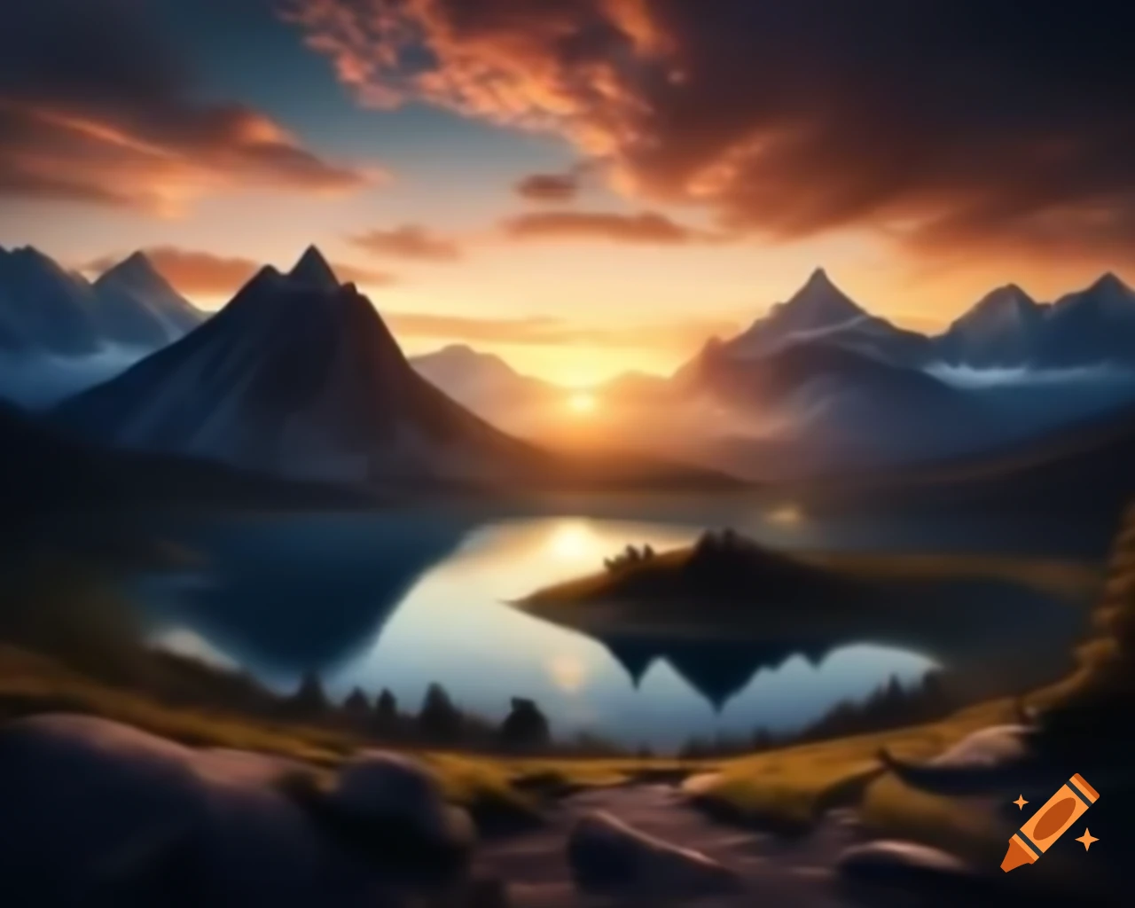 Photorealistic 3D render of mountain lake at sunset with sun rays and island