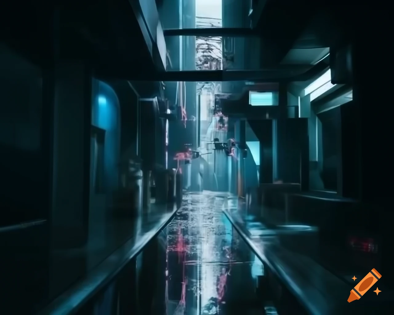 Cyberpunk alleyway with neon lights reflecting off wet surfaces