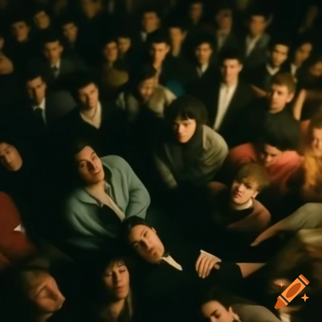 Crowd of people lying in unique cityscape with caustic lighting
