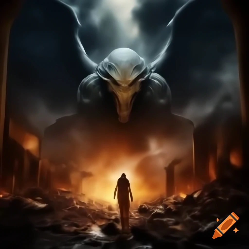 Aftermath of Dream War with smoke, ruins, and mythological creatures
