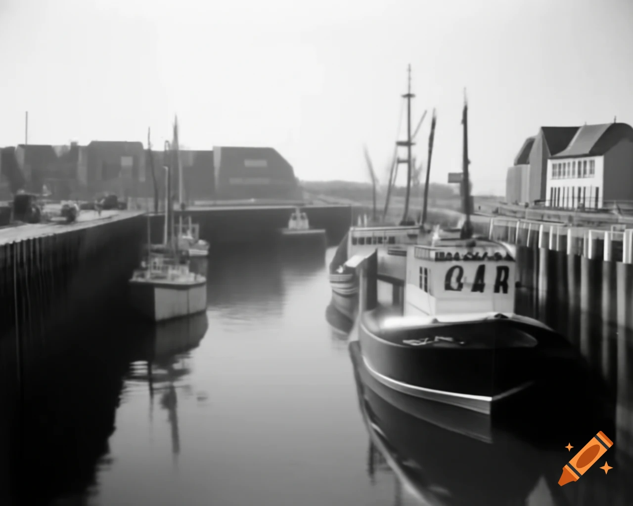 Fishing boats in sluice harbour on German North Sea with surrounding buildings, panoramic view
