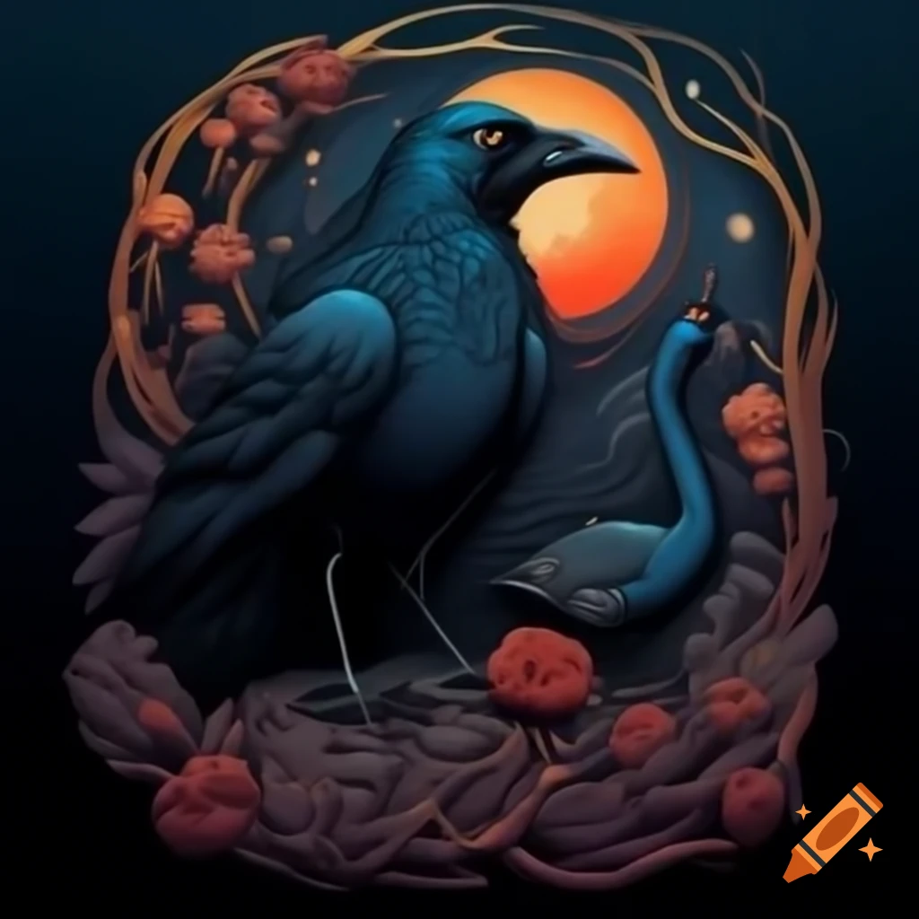 Mystical Curandera Raven and elegant Mother Goose in illustrated style