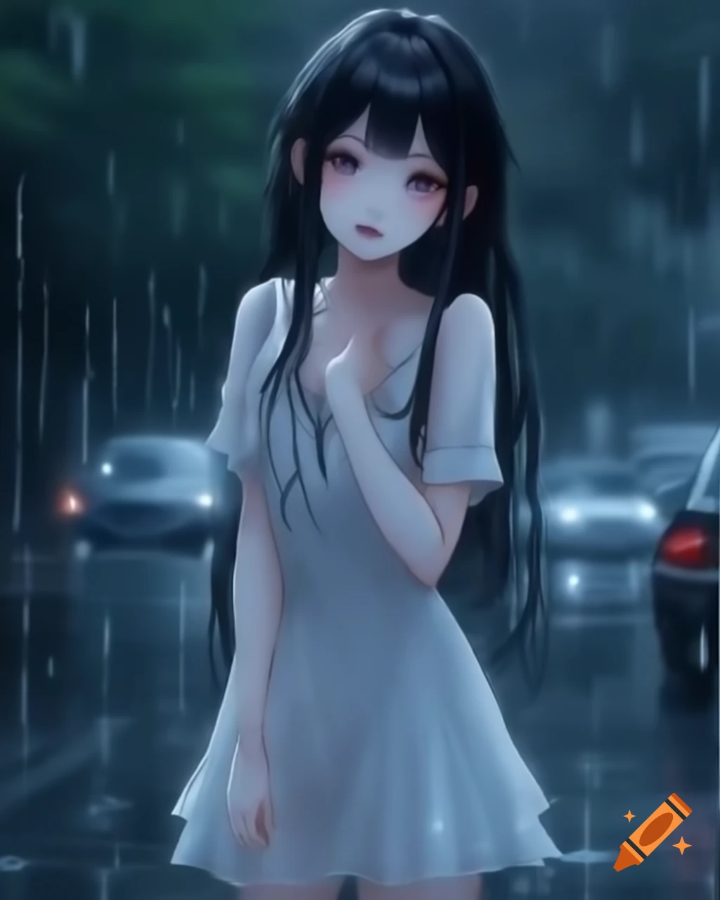 Gothic anime woman in white dress standing in the rain