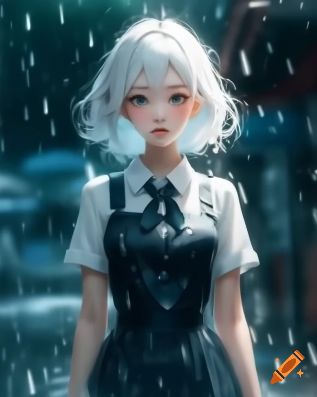 Anime woman with white hair and dress on a rainy day, realistic style