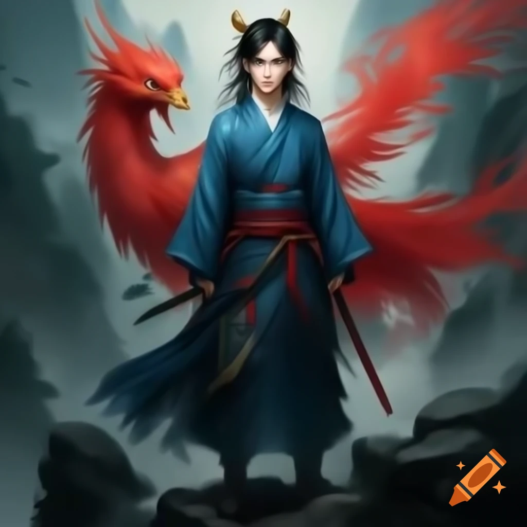 Majestic Chinese boy with long hair in royal blue dress, holding swords with red phoenix in misty mountains
