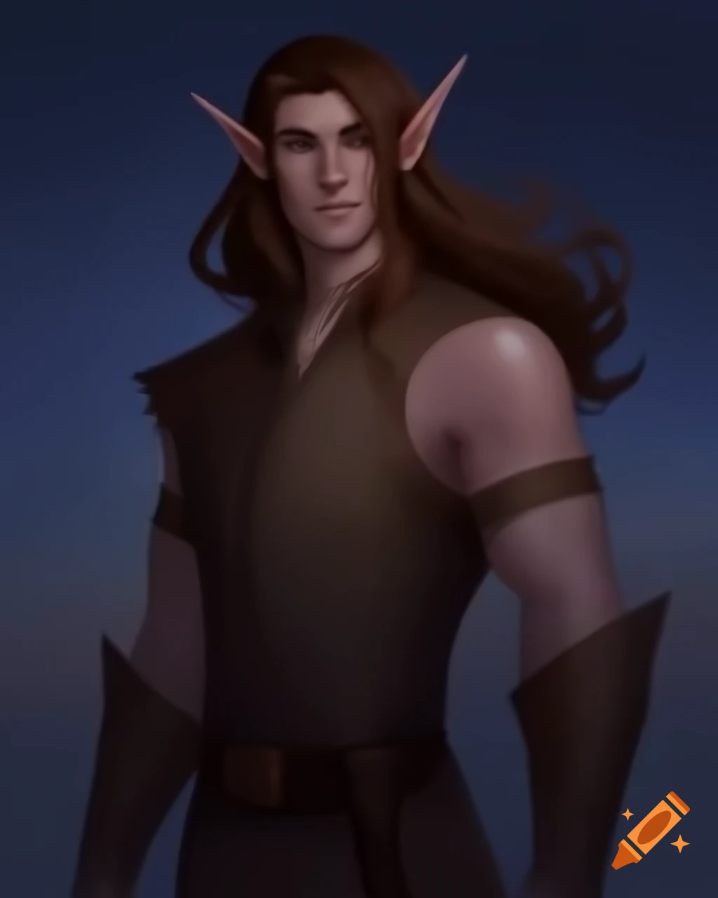 Confident male half-elf in leather armor, long brown hair, standing poised