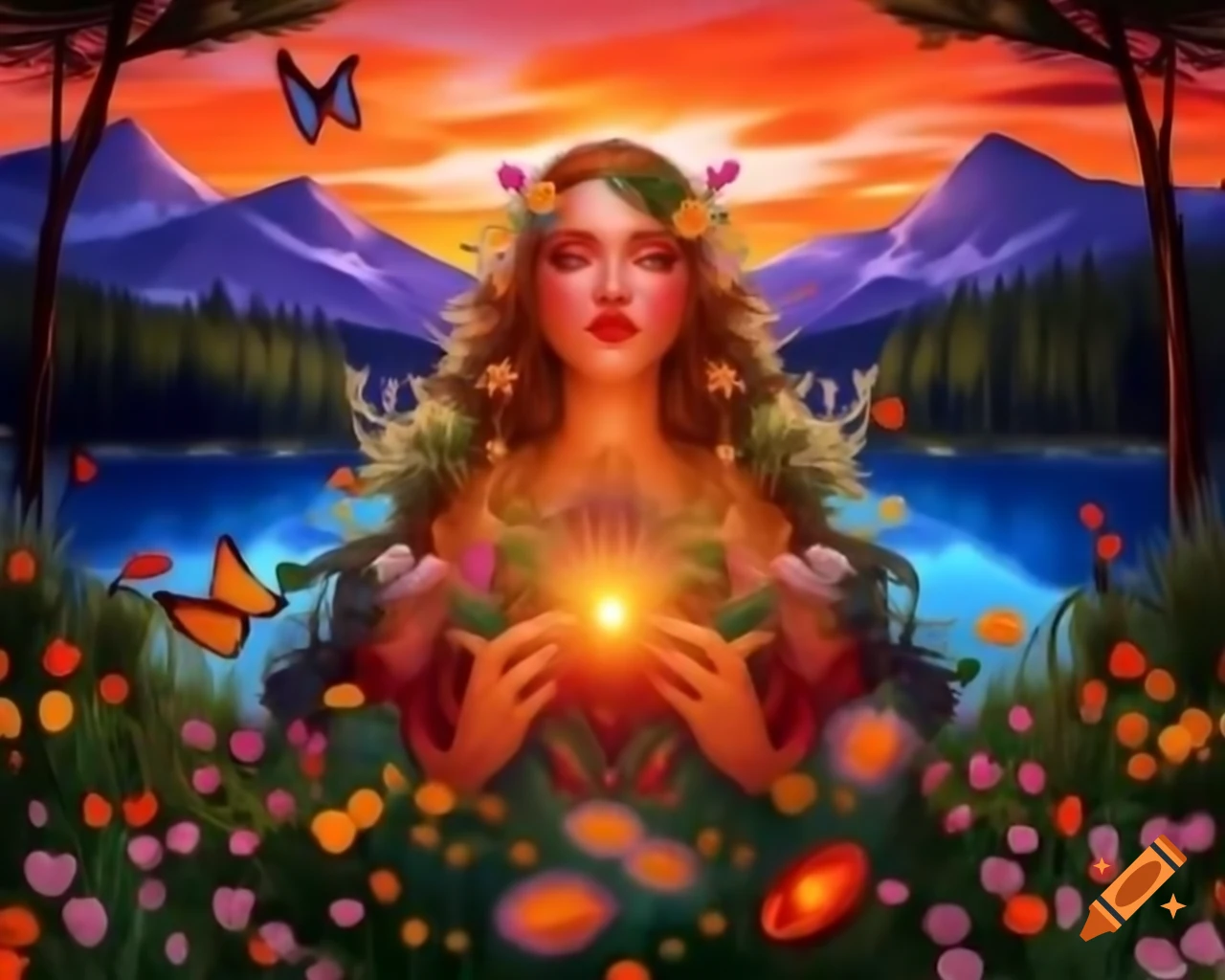 Enchanting woman with colorful hair, wildflowers, and butterflies at sunset
