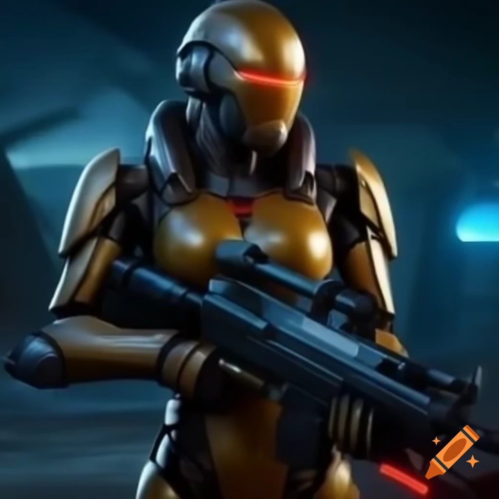 Cyborg warrior in armor armed with laser rifle in futuristic battlefield