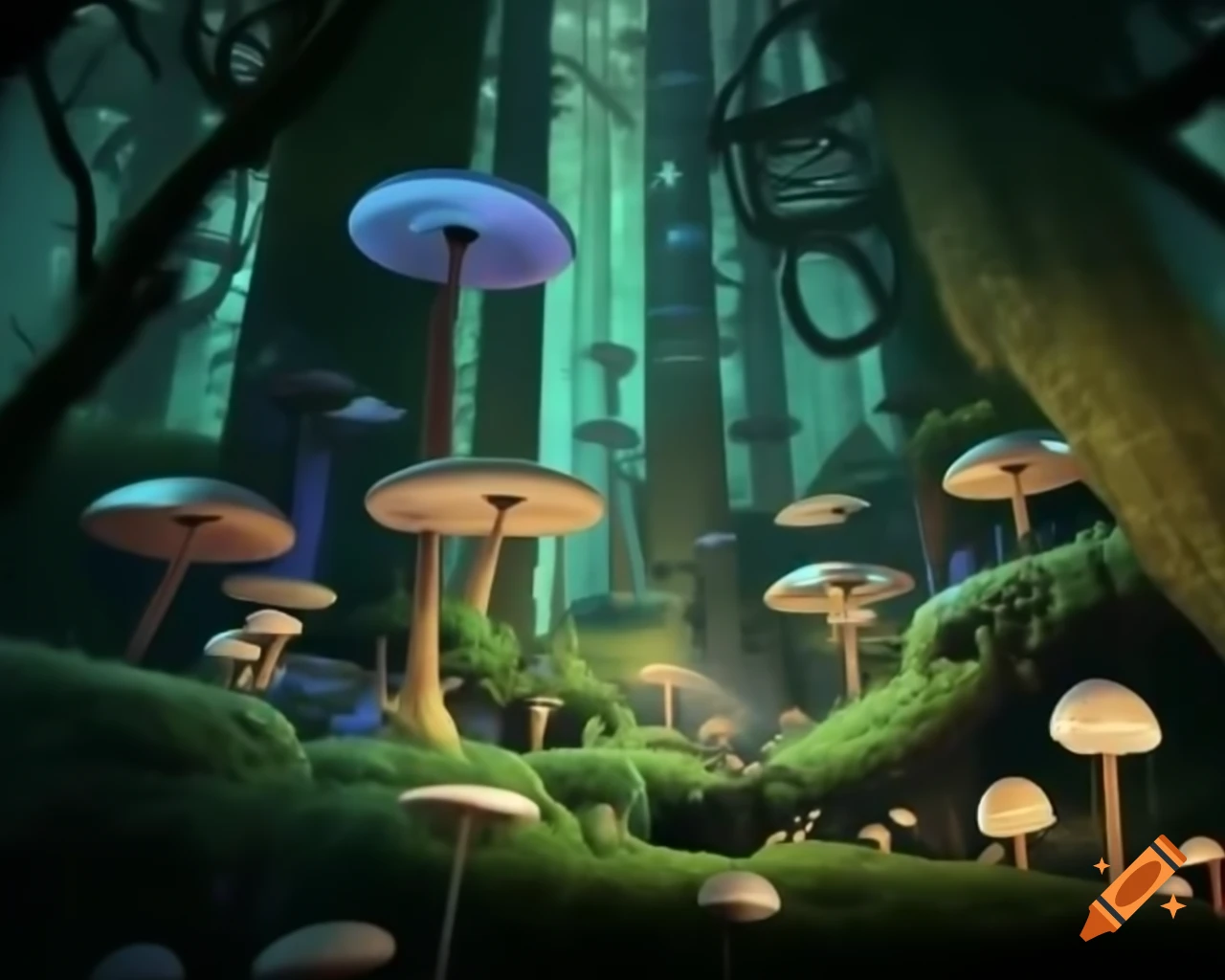 Surreal biopunk forest with glowing bioluminescent trees merging nature and technology
