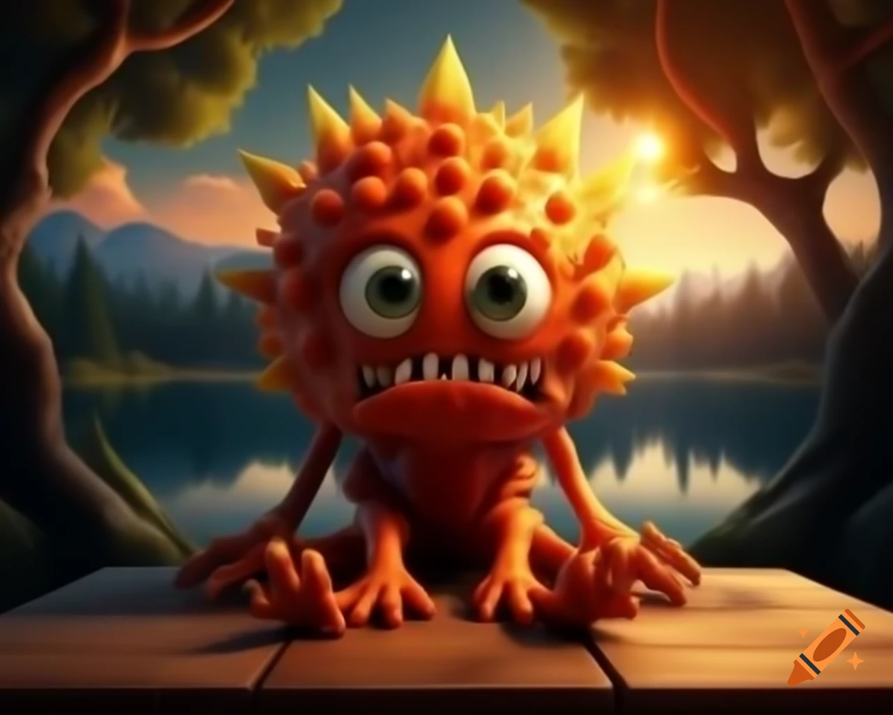 3D orange tree monster with human face on wooden table in forest
